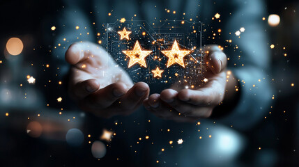 Hands Holding Glowing Stars in a Mystical Setting with Sparkling Particles Floating in the Air