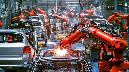 Automated Robotic Arms Welding Cars in a Modern Assembly Line