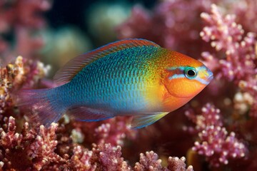 Brightly colored tropical fish glides gracefully among vibrant coral formations in clear blue water. Sunlight filters through the surface, enhancing the colors of the underwater ecosystem
