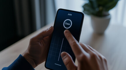 Man using smartphone touchscreen to interact with app indoors  