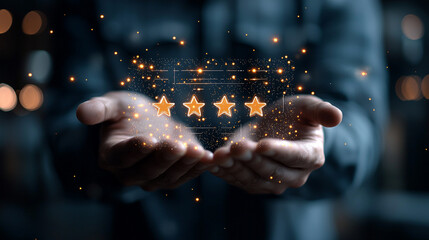 Hands Holding Sparkling Stars Against a Dark Background Symbolizing Appreciation and Quality