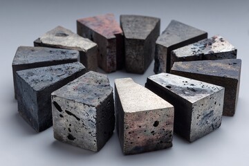 A radial arrangement of metallic mineral fragments, displaying a spectrum of metallic hues and rugged textures, highlighting their unique geological characteristics