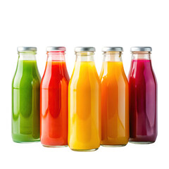 Vibrant assortment of five glass bottles filled with delicious healthy juices transparent background