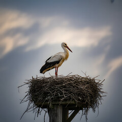 A  wild white stork stand in the nest against a blue summer sky