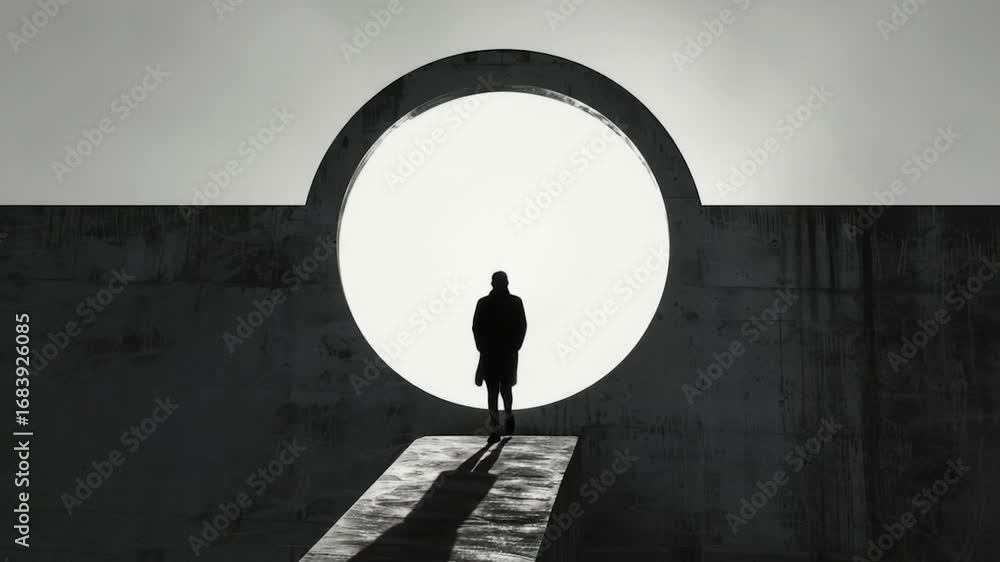 Poster a person stands in front of a round window with an interesting design