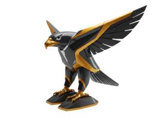 Isolated stylish eagle sculpture, figurine with spread wings in carbon fiber and gold design