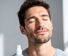 Fototapeta premium Close-up of a man with closed eyes, subtly applying a facial mist or spray, highlighting a peaceful and relaxed mood.