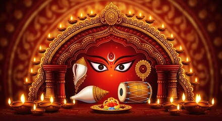 Fototapeta premium Devotional altar with goddess durga and lit diyas
