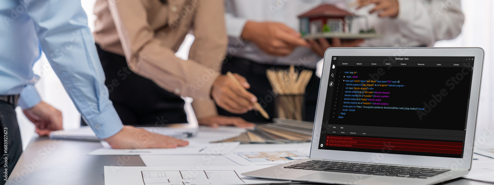 Aufkleber group of interior architect designer discussing together on blueprint and laptop screen display arch