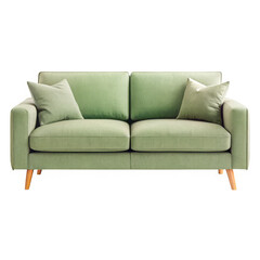 Fototapeta premium Stylish sage green two-seater sofa with plush cushions and tapered legs transparent background