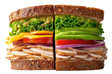 Sliced whole-grain sandwich with turkey, avocado, cheese, lettuce, tomato, and onion
