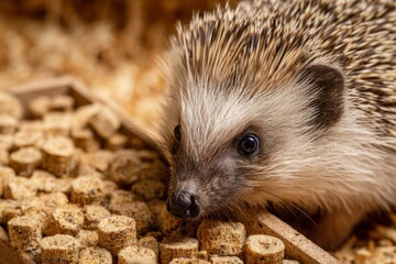 Naklejka premium A small hedgehog is curiously exploring its habitat filled with wooden bedding and food pellets. Soft light highlights its quills and expressive face as it investigates its surroundings