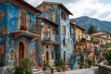 Fototapeta premium Brightly painted buildings with intricate murals stand proudly in a quaint village surrounded by stunning mountain scenery. This picturesque location embodies artistic culture and community spirit