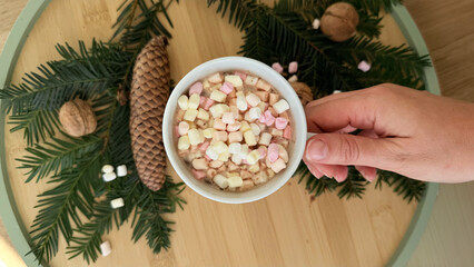 Hand Holding White Mug of Hot Chocolate with Mini Marshmallows on Evergreen Christmas Decor —...