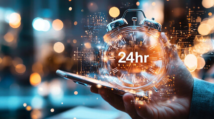 Hand Holding Smartphone with Digital 24 Hour Clock Overlay Against Blurred Background with Warm Bokeh Lights
