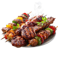 A platter of assorted grilled skewers.  Grilled meats, peppers, and onions are arranged on wooden skewers.  Appears to be a meal of mixed meats and vegetables.  Steam rising from the skewers