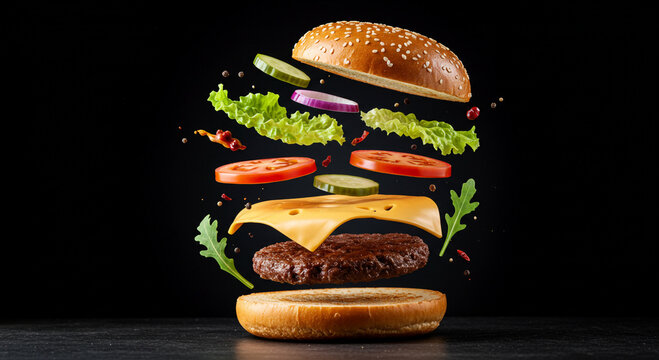 Delicious burger with flying ingredients isolated on black background - Powered by Adobe