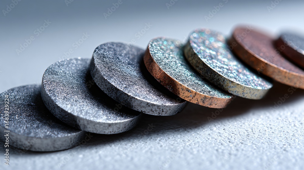Poster a closeup, shallow depthoffield shot of a line of metallic coins or discs with varying textures and 