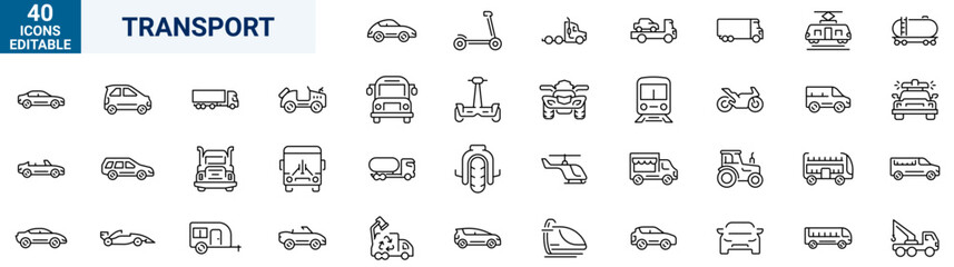 Transport web line icons. Containing car, bike, plane, train, bicycle, motorbike, bus and scooter. Editable stroke. Vector illustration