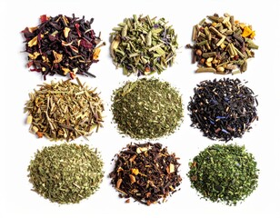 Fototapeta premium Various Dried Tea Leaves Piles Displayed on White Background in Herbal and Black Green Assortment