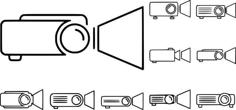 set of projector with lens and light beam outline icon vector
