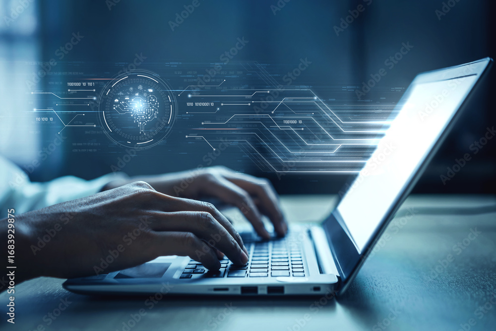 Poster ai artificial intelligence with digital brain and connected data circuit. ai core processes data, ai