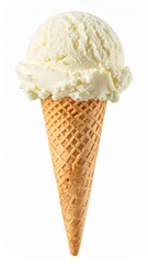 Vanilla Ice Cream Scoop in a Waffle Cone on a White Background Sweet Dessert