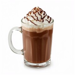 Hot chocolate with whipped cream and chocolate syrup in glass mug  