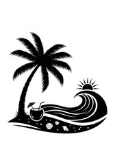 Tropical Beach Paradise Palm Tree, Ocean Wave, and Coconut Drink Silhouette