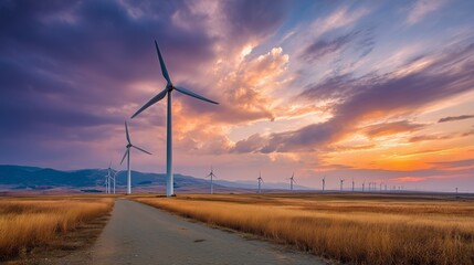 Wind turbines in field at sunset