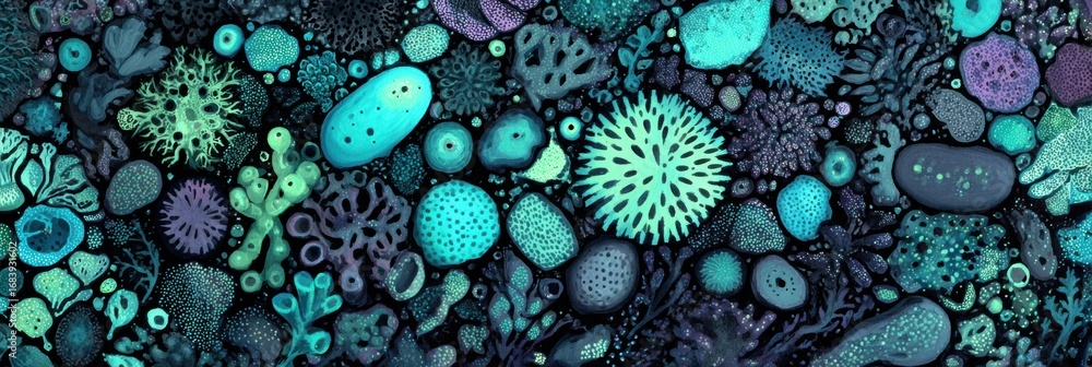 Poster vibrant array of coral species and marine flora illuminated by soft twilight, creating a stunning un