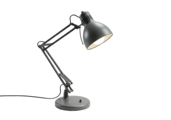 Isolated gray flexible architect desk lamp with metal arm standing on round base object