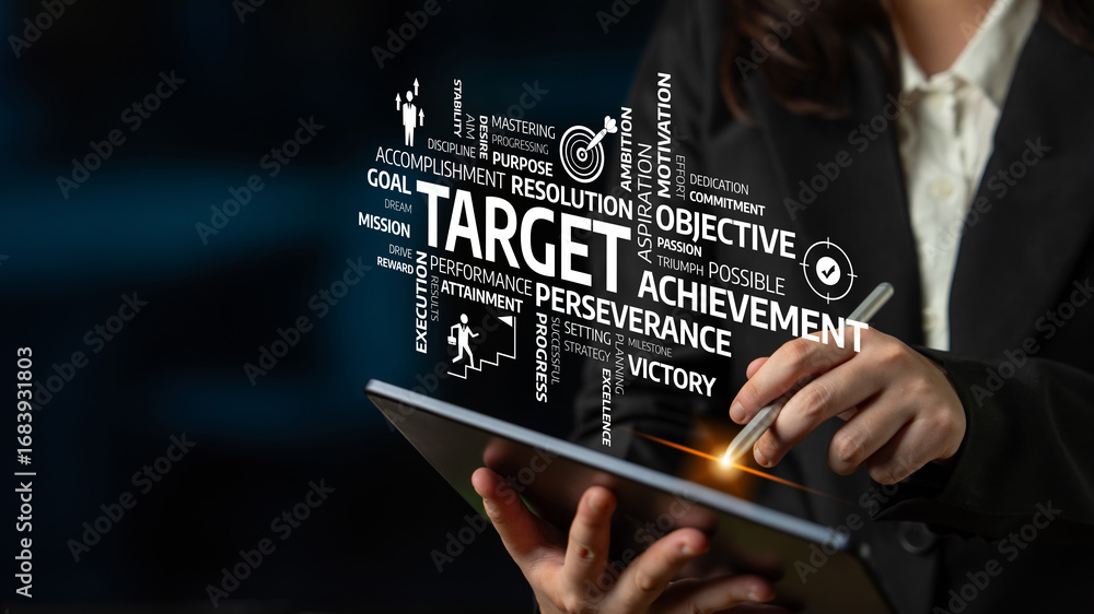Poster a business professional engages with a digital tablet, surrounded by words representing target achie