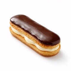 Chocolate eclair filled with cream on white background  