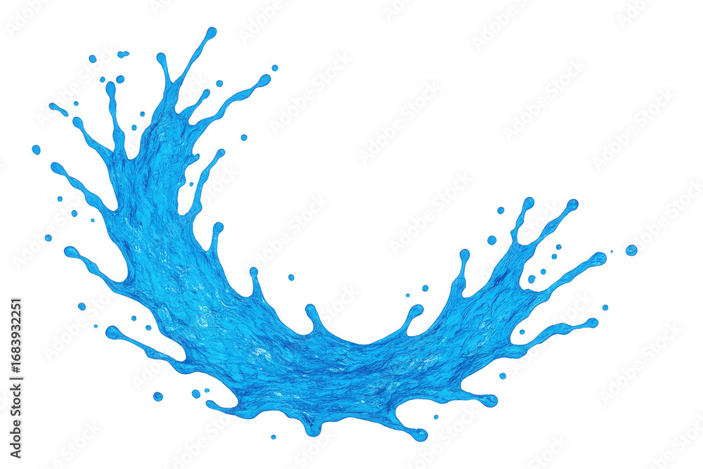 Poster blue water arcing gracefully with splashes and droplets against a transparent background, creating a
