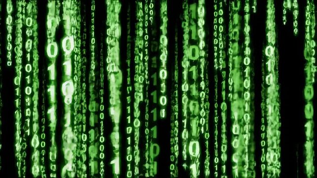 Green digital rain, binary code, dark background, tech backdrop