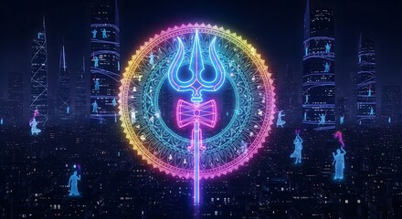 Vibrant neon oval symbol illuminates futuristic cityscape at night