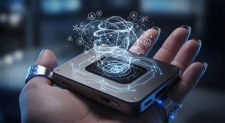 A highly detailed concept art of a quantum-encrypted communication device, small and elegant, held by a hand with subtle bio-augmentations