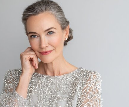 A mature woman with thoughtful expression, adorned in a glamorous gray beaded gown, radiates elegance and timeless beauty against a neutral backdrop.
