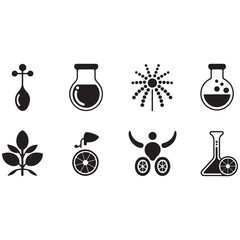 Black silhouette vector icons representing a chemistry science laboratory set with beakers and other glassware