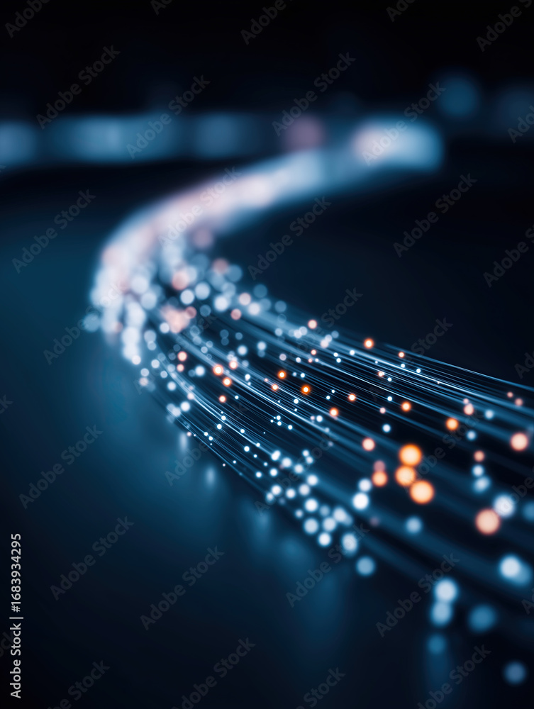 Poster illuminated fiber optic cables transmit glowing data through advanced digital network.