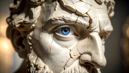 Sculpture of Ancient Person with Blue Eyes and Cracked Stone