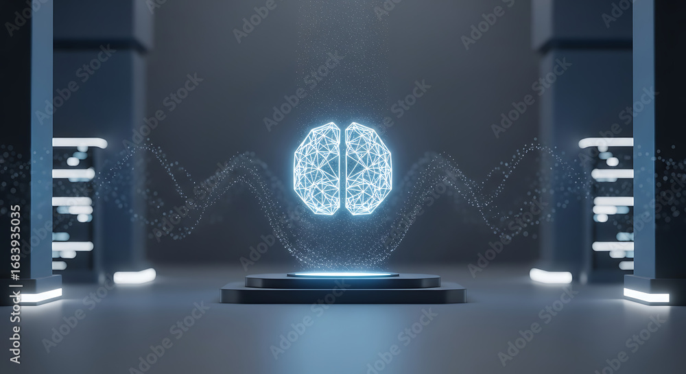 Poster glowing brain model on a platform with particle streams and illuminated pillars in a futuristic room