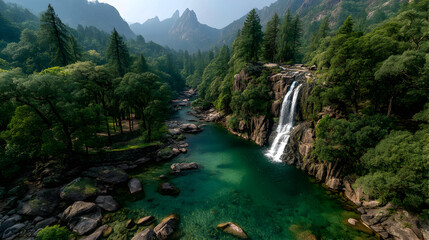 Scenic waterfall surrounded by lush rainforest