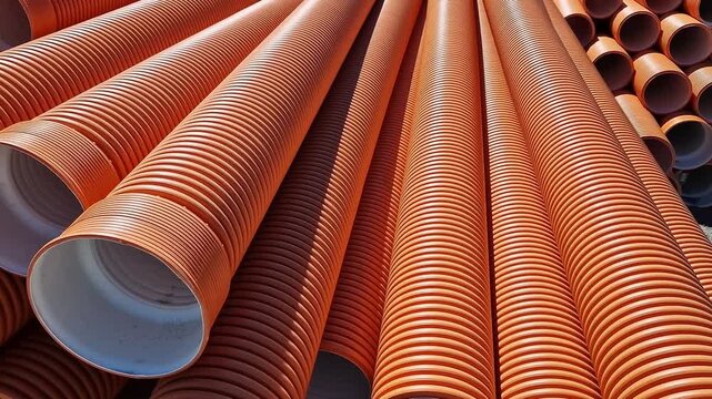 Corrugated sewer pipe, double-layer. Pipes stacked together, repair work in the city. Orange sewer pipes, close-up. Pipes are able to withstand variable loads from the soil