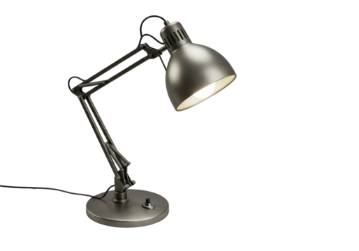 Isolated Adjustable Desk Lamp with a Flexible Arm in Silver Tone on Seamless Surface