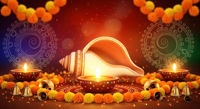 Sacred shankha and diya lamps with festive garlands