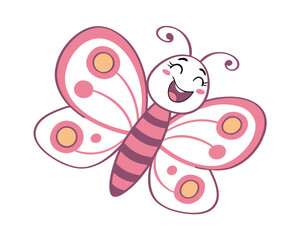 Cute Cartoon Butterfly with Happy Face Pink and White Wing Design Childrens Illustration Art