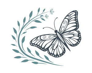 Elegant Butterfly Illustration with Floral Accents for Branding and Design Projects Beautiful Butterfly Graphic with Decorative Leaves