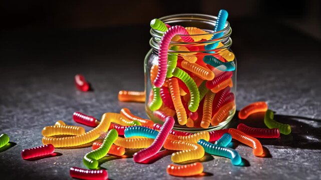 Bright Sticky Gummy Worms in Glass Jar Closeup